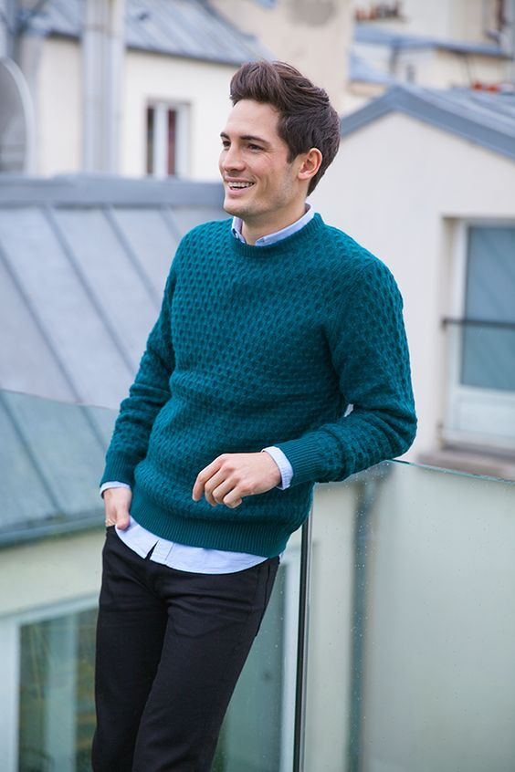 Turquoise Sweater, Men's Winter Clothing Ideas With Black Jeans, Sweater: 
