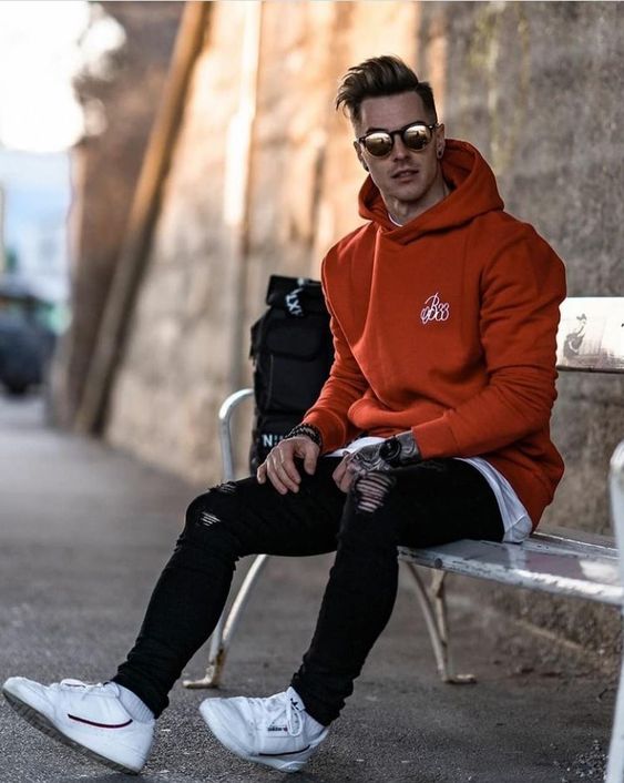 Orange Hoody, Winter Outfits With Black Sweat Pant, Sunglasses: 