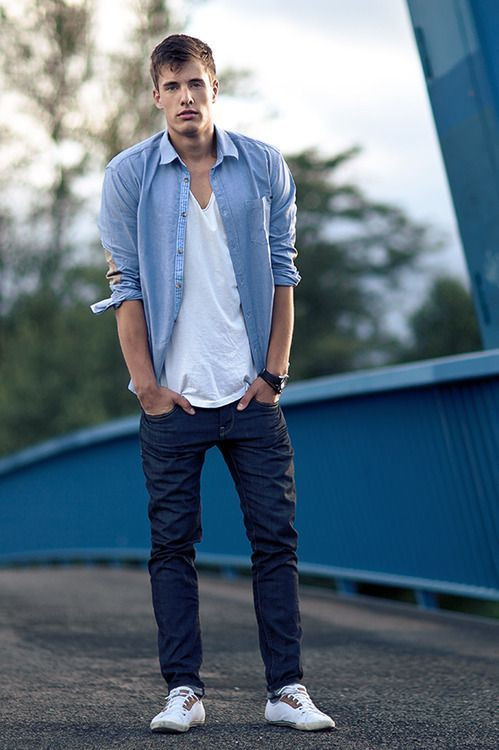 Dark Blue And Navy Jeans, Ideas With Light Blue Denim Shirt, College Guys Summer Outfits: 