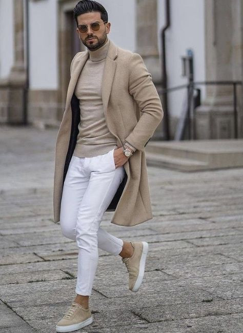 Beige Suit Coat, Winter Outfit Trends With White Casual Trouser, Men's White Jeans Outfit: 