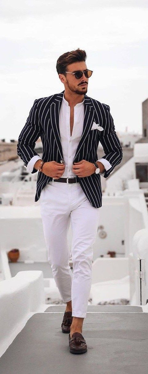 Suit Jackets And Tuxedo, Blazer Outfits Ideas With White Casual Trouser, White Striped Blazer Men's: 