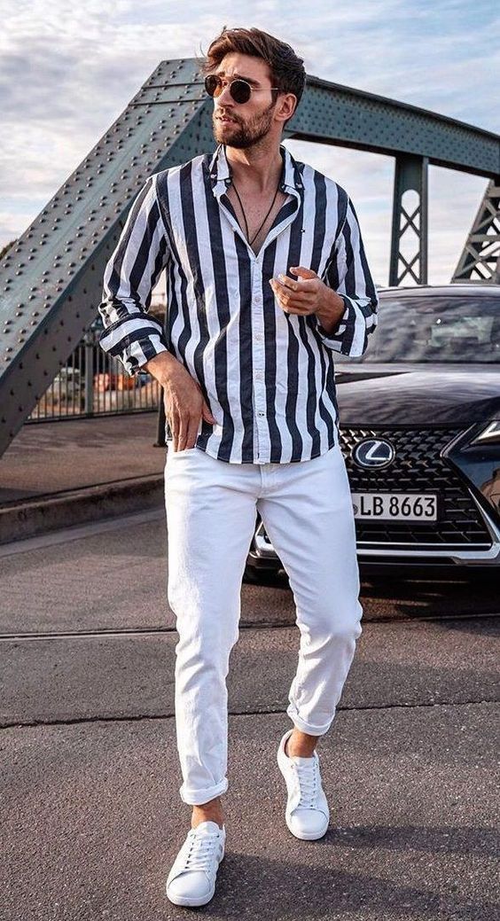 Shirt, Men Shirts Outfit Trends With White Jeans, Stripe Shirts For Men: 