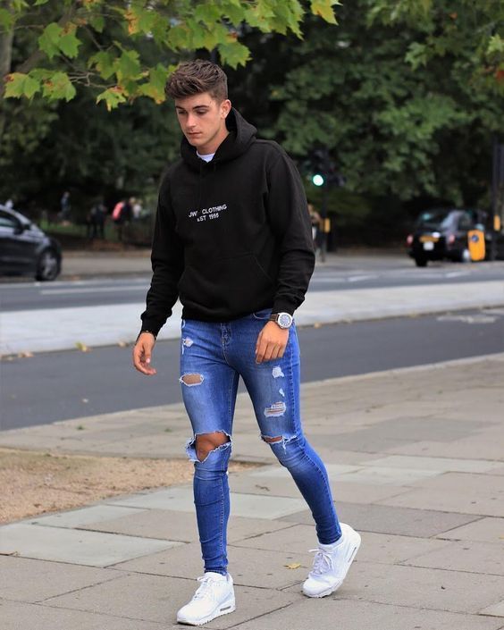 Light Blue Casual Trouser, College Outfit Designs With Black Hoody, Jeans: 