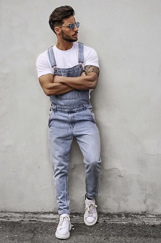 White T-shirt, Men's Overall Clothing Ideas With Grey Jeans, Jeans: 