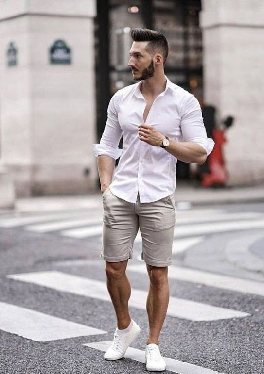 Grey Casual Short, Shorts Fashion Trends With White Shirt, Outfit Verano Hombre: 