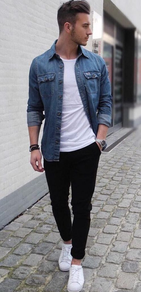 Dark Blue And Navy Casual Jacket, Men Shirts Clothing Ideas With Black Jeans, Outfit Camisa De Mezclilla Hombre: 