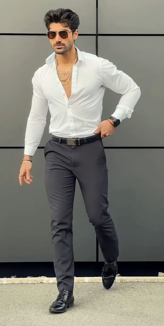 White Shirt, Formal Shirt Fashion Outfits With Grey Formal Trouser, Outfit Challenge Tiktok Trend Touch: 