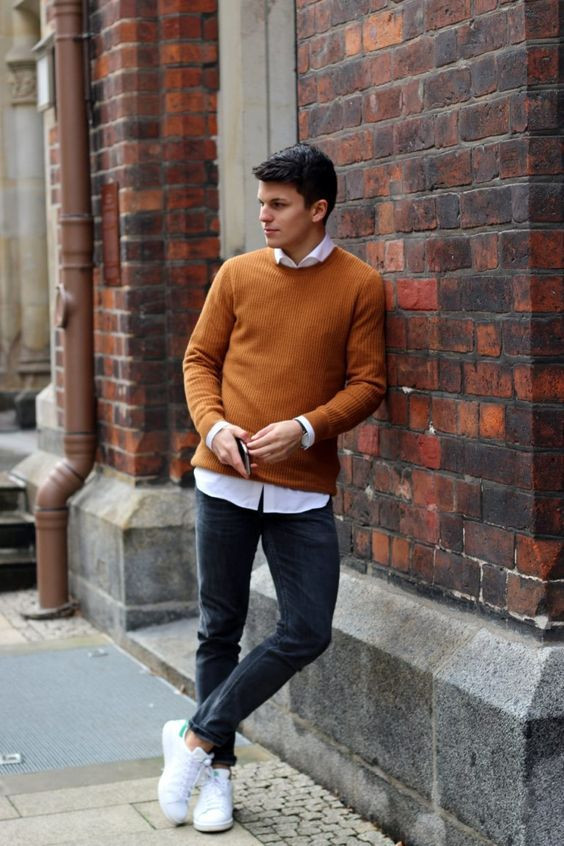 Orange Sweater, Men's Winter Fashion Trends With Dark Blue And Navy Jeans, Crewneck With Dress Shirt: 