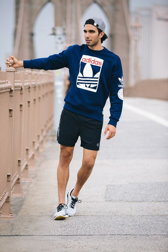 Dark Blue And Navy Sweater, Winter Fashion Ideas With Black Swim Short,  Sweatshirt And Shorts Outfit Men | Men's shorts