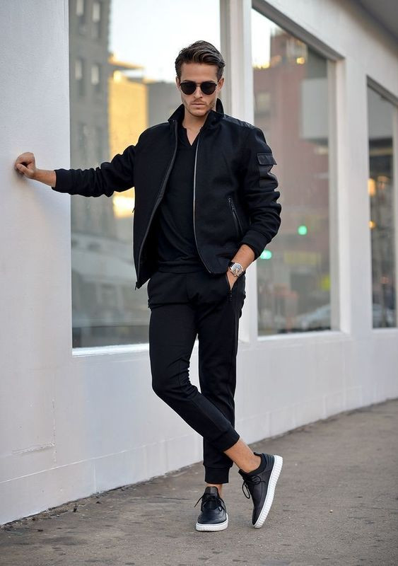 Black Sweat Pant, Outfit Designs With Black Jacket, Black Sneakers Outfit Men | Men's style, men's sneaker