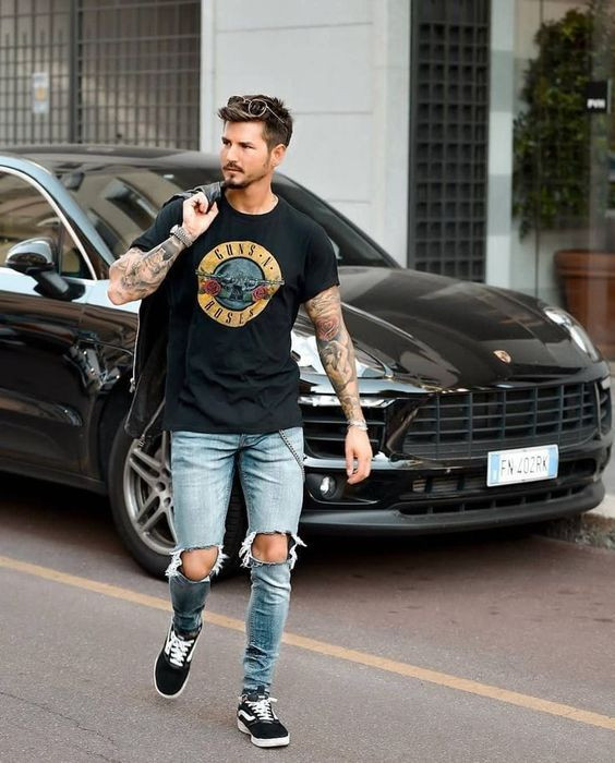 Black T-shirt, Vans Outfits Ideas With Light Blue Jeans, Simple Rock Outfit Male: 