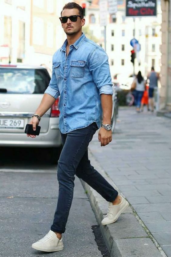 Light Blue Denim Shirt, Men Shirts Outfits With Dark Blue And Navy Jeans, Denim Shirt Men Outfit: 