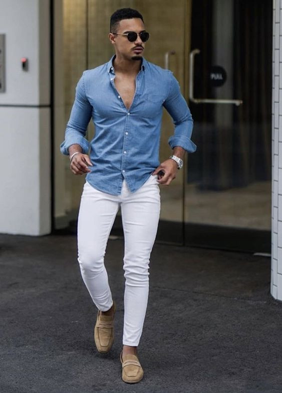 White Casual Trouser, Stylish Outfit Designs With Light Blue Denim Shirt, Jeans: 