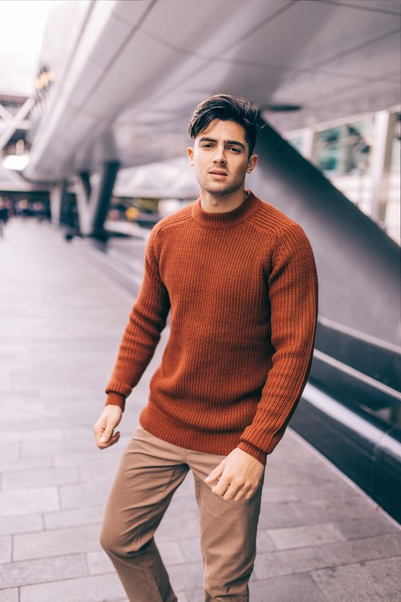 Orange Sweater, Men's Winter Fashion Outfits With Beige Casual Trouser,  Casual Fall Outfit Men | Casual wear, smart casual, burgundy v neck