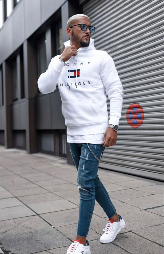 White Hoody, Winter Ideas With Dark Blue And Navy Casual Jeans, Hoodies For  Men | Mens fashion casual, weekend wardrobe