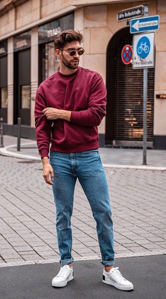 Light Blue Jeans, Fashion Ideas With Red Sweatshirt, Men Outfit ...