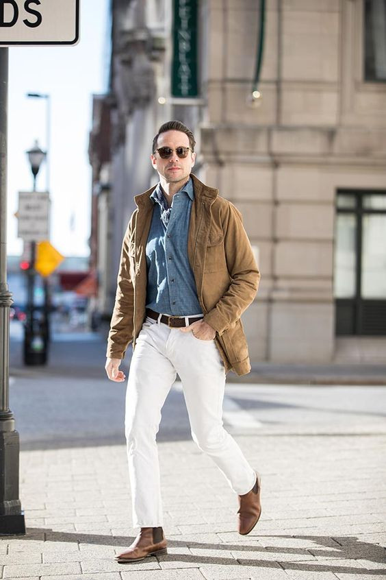 Beige Casual Jacket, Chelsea Boots Ideas With White Jeans, Denim Shirt Men Style: 