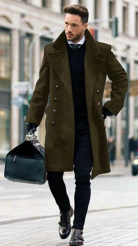 Green Wool Coat, Winter Fashion Wear With Dark Blue And Navy Casual Trouser, Men Long Coat: 