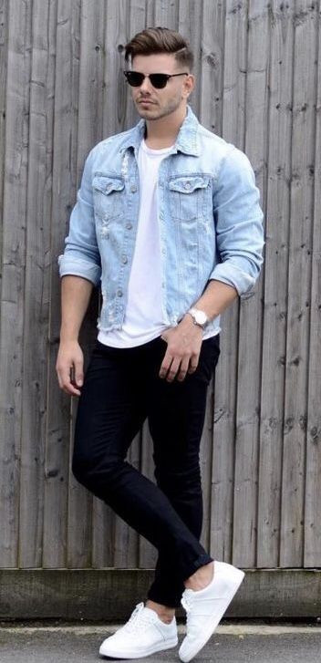 Light Blue Casual Jacket, Men Shirts Ideas With Black Jeans, Style Denim Shirts: 