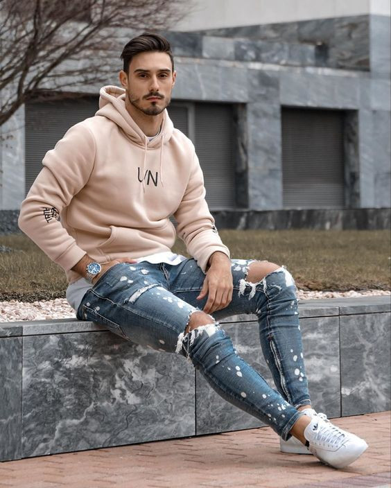 Beige Hoody, Winter Outfit Designs With Light Blue Casual Jeans, Hoodie Outfit Men: 