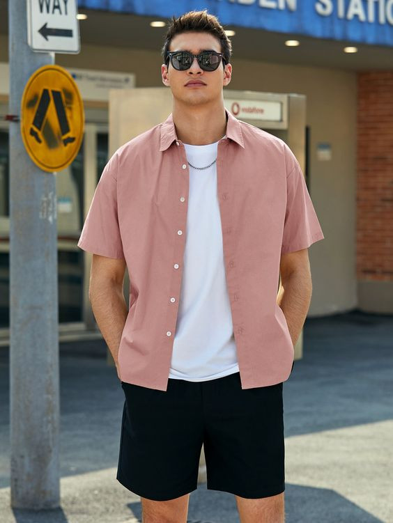 Black Casual Short, Shorts Fashion Outfits With Pink Shirt, Men Drop Shoulder Solid Shirt: 