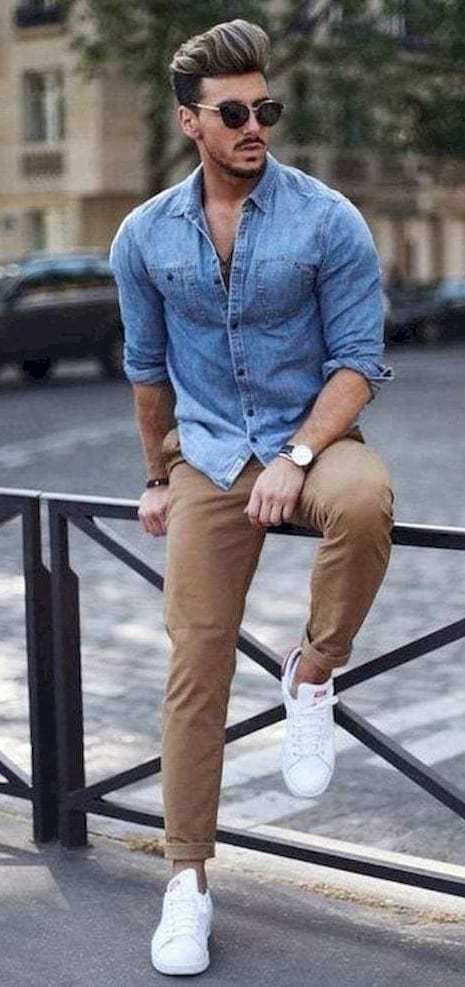 Light Blue Denim Shirt, Men Shirts Outfits Ideas With Beige Pant, Men Clothes Style: 