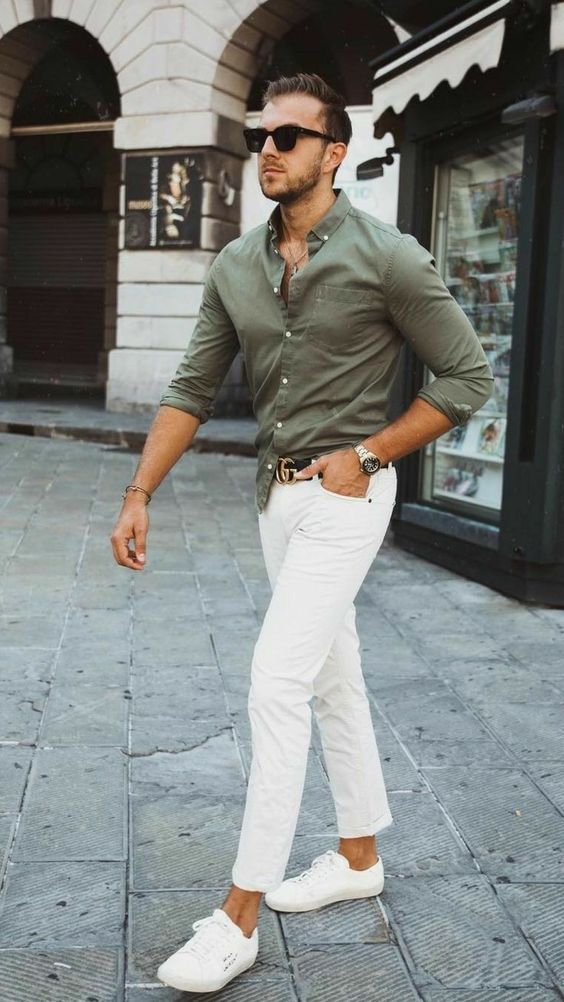 White Jeans, Stylish Attires Ideas With Green Bomber Jacket, White Pant And White Shoes: 
