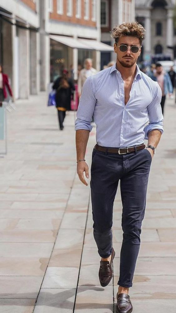 Blue Shirt, Formal Shirt Wardrobe Ideas With Grey Leather Trouser, Jeans: 