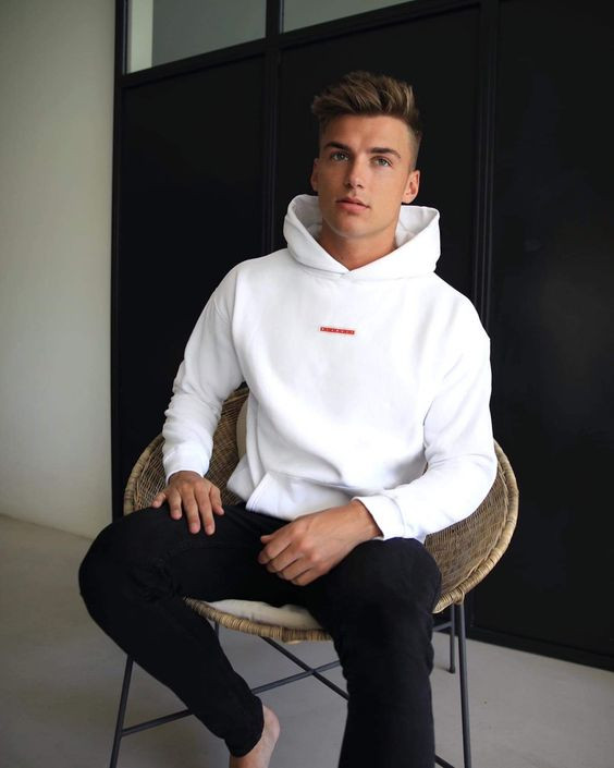 White Hoody, Winter Fashion Trends With Black Jeans, Hoodie Outfits For Men: 