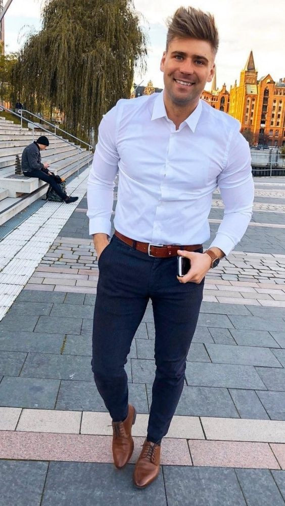 White Shirt, Formal Shirt Outfit Trends With Dark Blue And Navy Casual Trouser, Men's Semi Formal Outfits: 