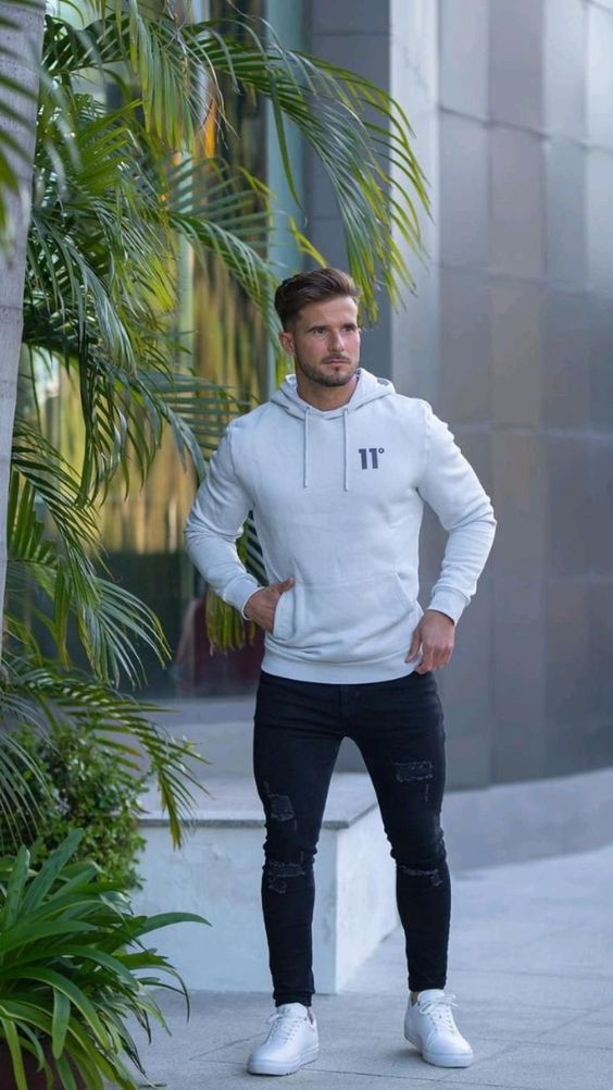 White Hoody, Winter Fashion Ideas With Black Jeans, Stylish Hoodie Outfit Ideas For Mens: 