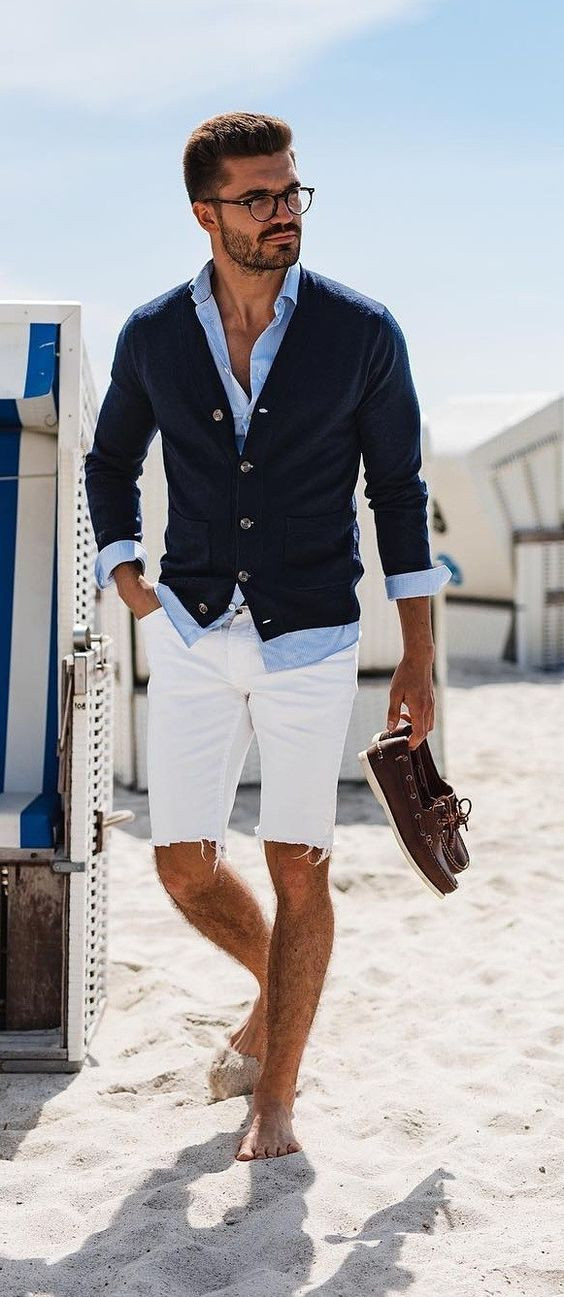 White Casual Trouser, Shorts Fashion Trends With Dark Blue And Navy Shirt, Dress Shorts Men: 