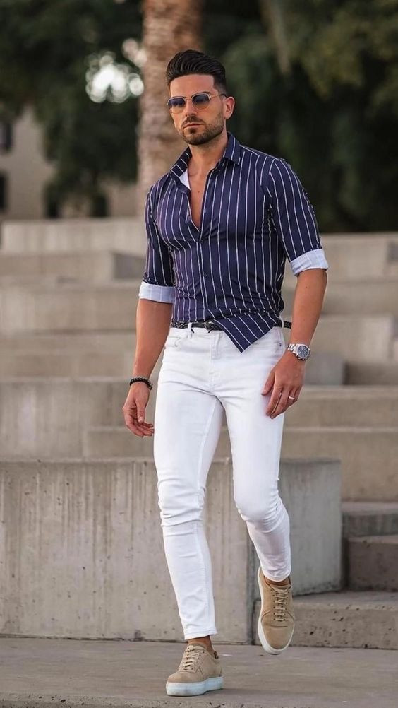 White Jeans, Stylish Fashion Wear With Dark Blue And Navy Shirt: 
