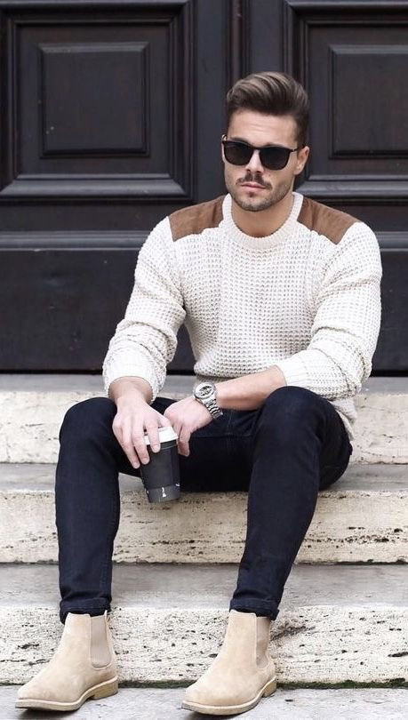 White Sweater, Men's Winter Ideas With Black Casual Trouser, Best Men's Style: 