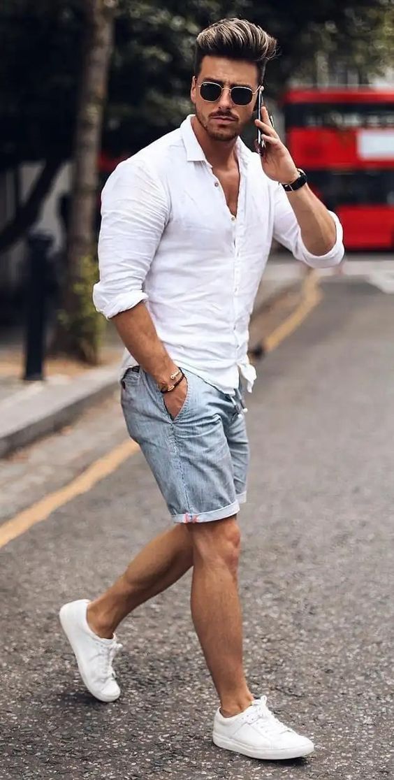 Light Blue Denim Short, Shorts Outfit Trends With White Shirt, Jeans Shorts For Men Outfit: 