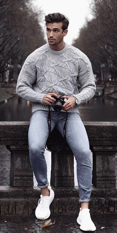 Grey Sweater, Men's Winter Fashion Ideas With Grey Casual Trouser, Winter Outfits Men: 