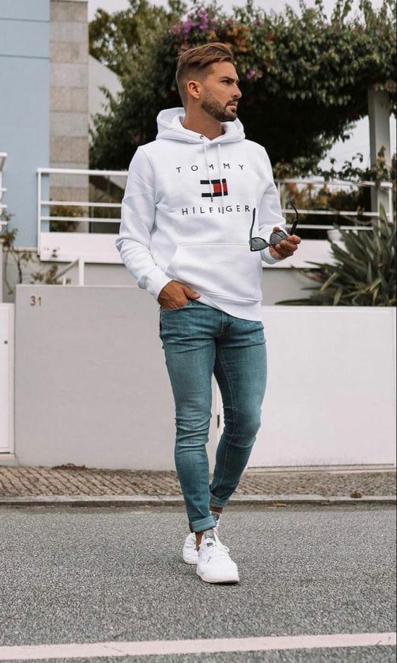 White Hoody, Winter Outfit Designs With Light Blue Jeans, Jeans: 