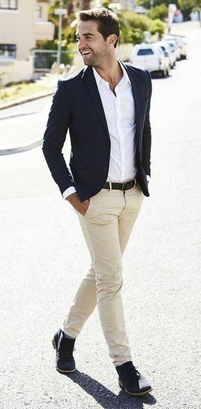 Dark Blue And Navy Suit Jackets Tuxedo, Blazer Outfit Trends With Beige Casual Trouser, Calça Chino E Blazer: 
