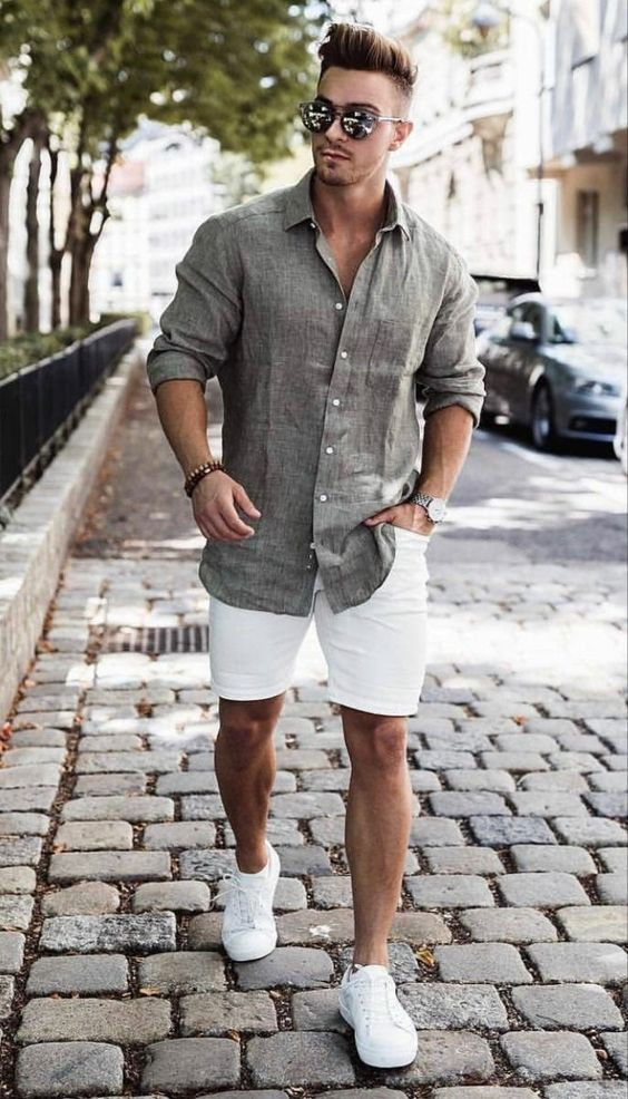 White Casual Trouser, Shorts Fashion Ideas With Grey Shirt, Men's Date Night Outfit Summer: 
