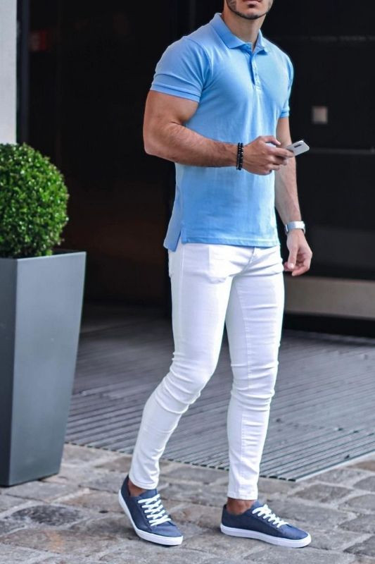 White Jeans, Stylish Fashion Outfits With Light Blue Polo-shirt, Shirt With White Jeans: 