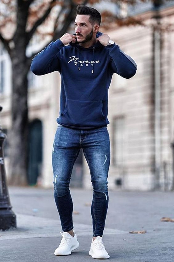 Dark Blue And Navy Hoody, Winter Outfits With Dark Blue And Navy Jeans, Winter Dressing For Boys: 