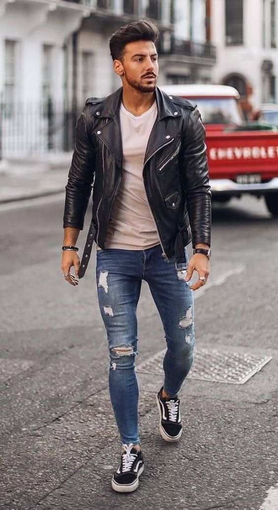 Dark Blue And Navy Casual Trouser, Ripped Jeans Fashion Tips With Black Biker Jacket, Casual Men's Winter Outfits: 