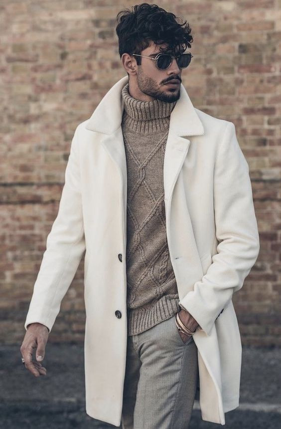 Beige Wool Coat, Turtleneck Attires Ideas With Grey Suit Trouser, Men's Casual Coats: 