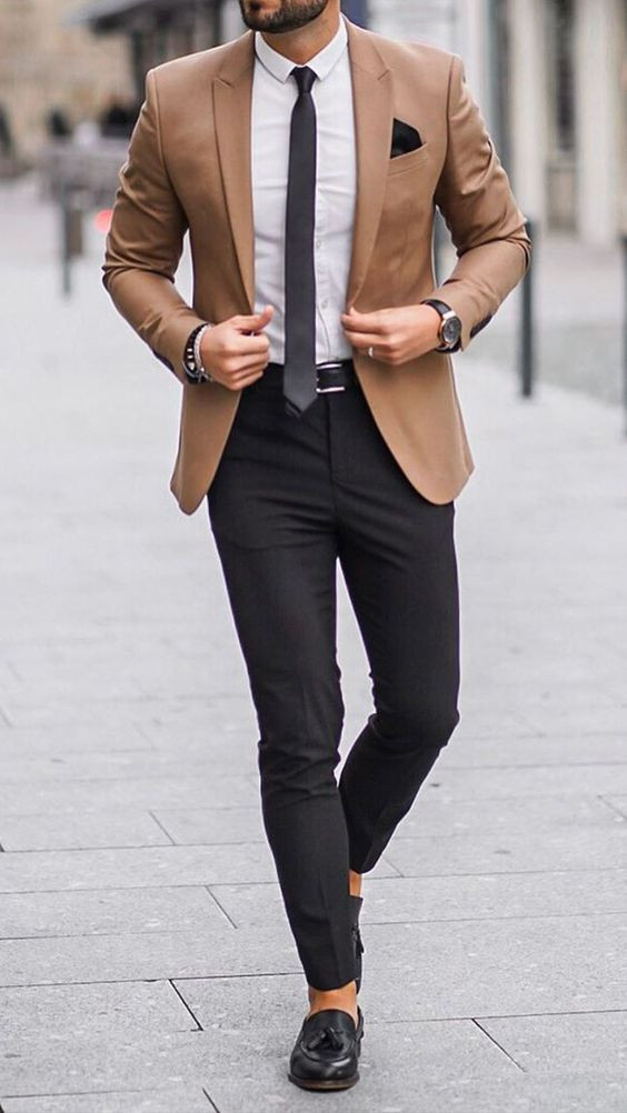 Beige Suit Jackets And Tuxedo, Blazer Fashion Wear With Black Formal Trouser, Men's Business Casual 2022: 