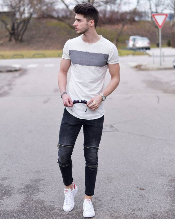White T-shirt, Guys School Attires Ideas With Grey Jeans, Casual Urban ...