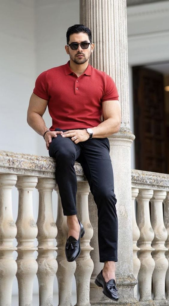 Black Leather Trouser, Outfit Trends With Red Polo-shirt, Red Shirt Matching Pants For Men: 