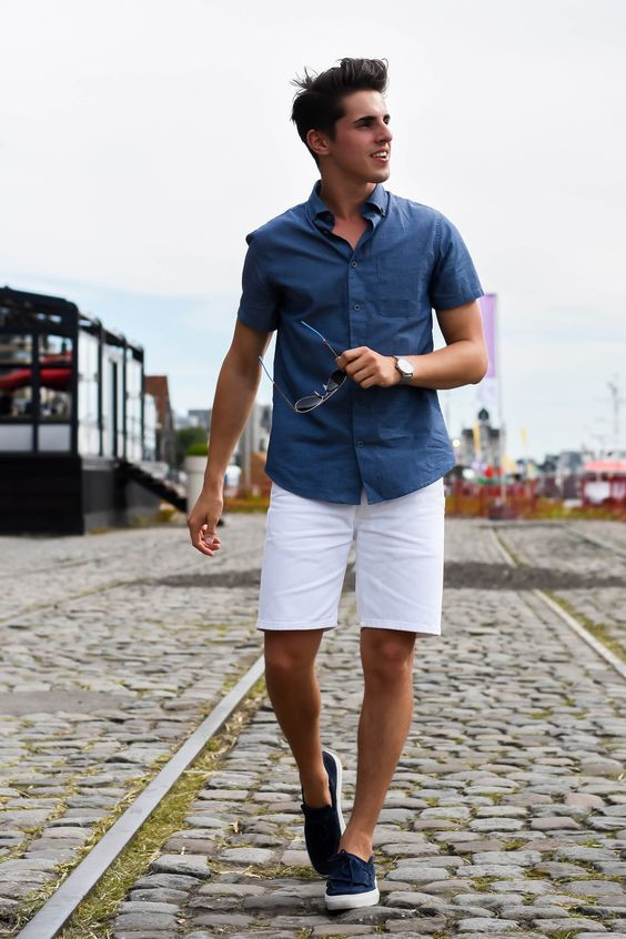 White Beach Pant, Shorts Fashion Wear With Dark Blue And Navy Denim Shirt, Men's Summer Fashion: 