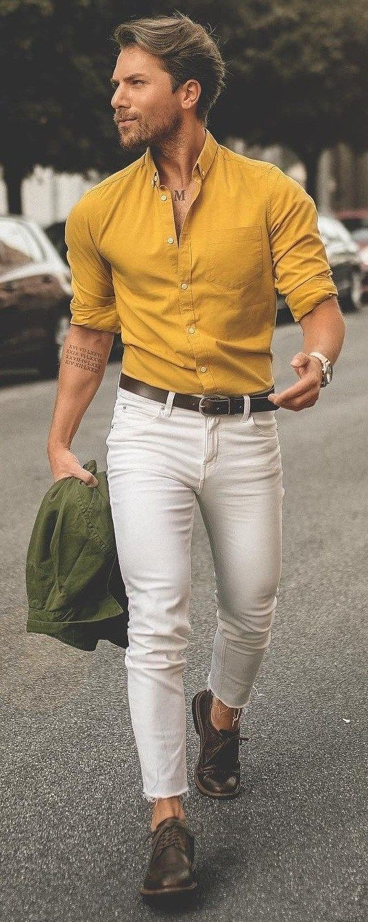 Yellow Shirt, Men Shirts Outfits Ideas With White Casual Trouser, Yellow Shirt Combination Pant: 