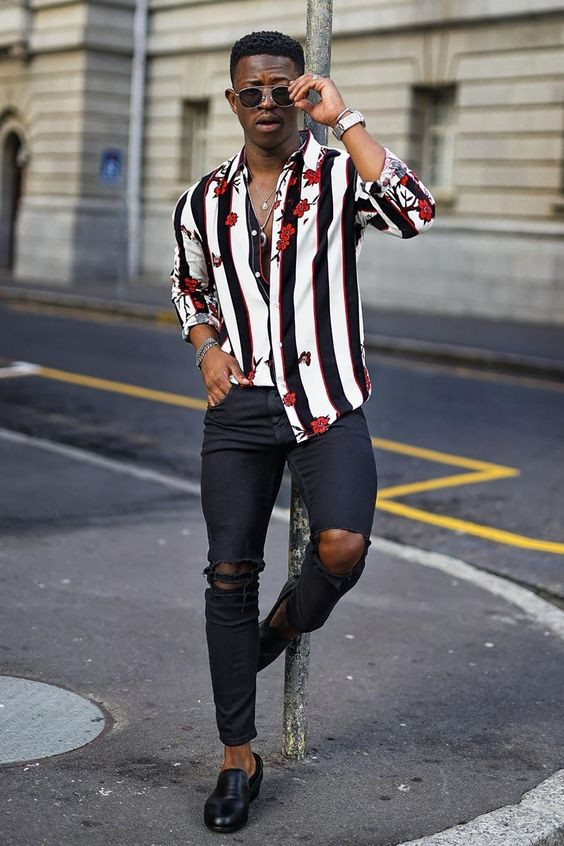 Shirt, Men Shirts Attires Ideas With Black Ripped Jeans, Sunglasses: 