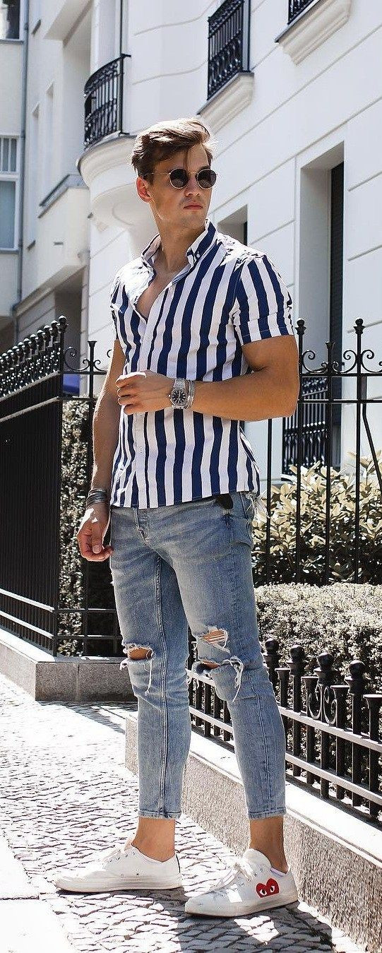 Shirt, Men Shirts Fashion Outfits With Light Blue Ripped Jeans, Short Sleeve Striped Shirt Outfit Men's: 